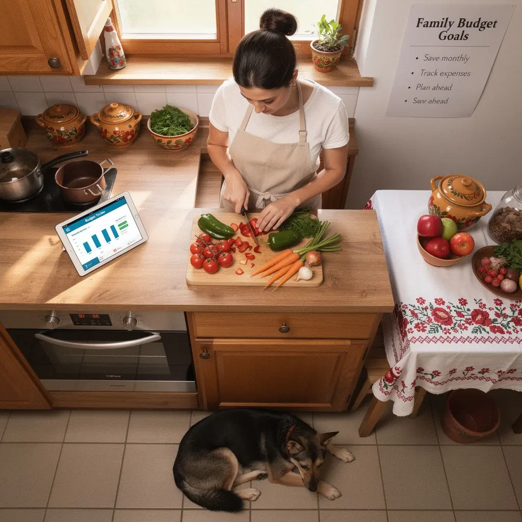 Kép egy családi asztalnál, ahol pénzügyi tervet készítenek együtt a szülők és gyerekek.