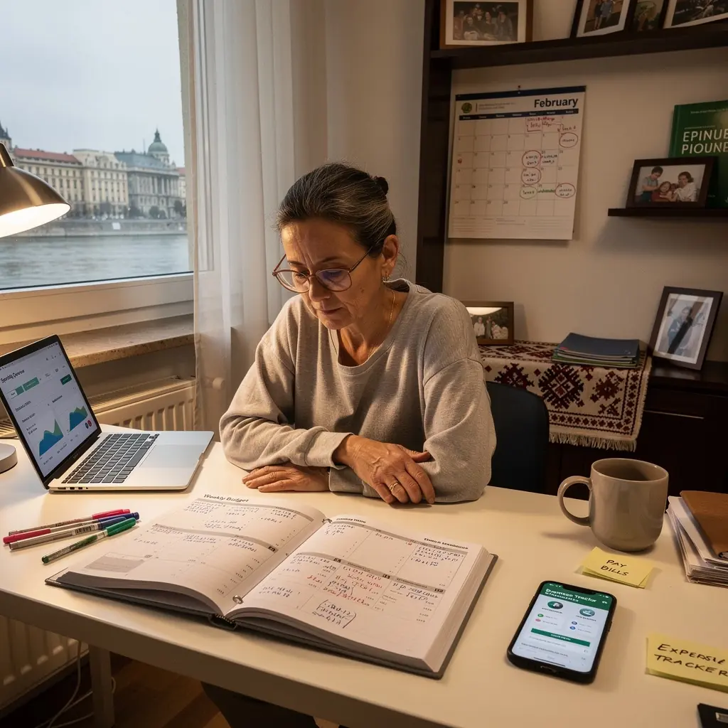 Családi költségvetés tervezése egy asztalon elhelyezett pénzügyi dokumentumokkal.